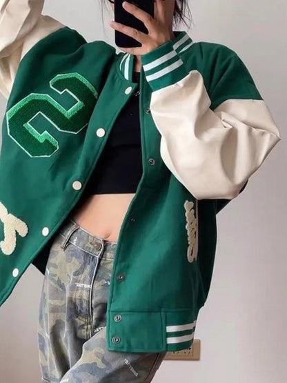 Toweling Embroidered Baggy Varsity Jacket