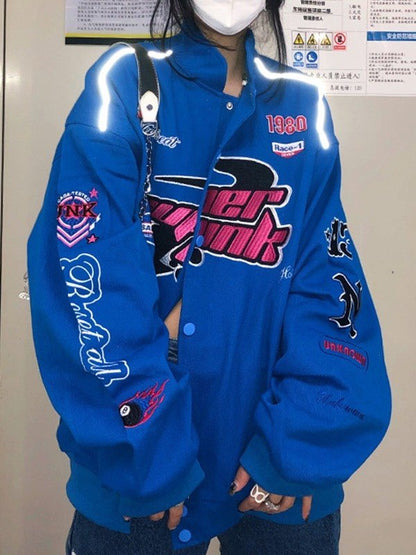 Vintage Embroidered Button Down Motorcycle Varsity Jacket