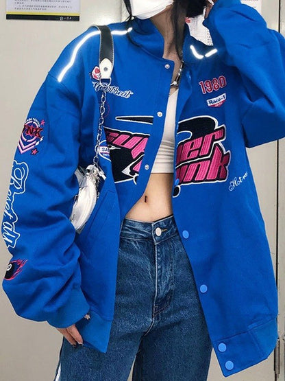 Vintage Embroidered Button Down Motorcycle Varsity Jacket