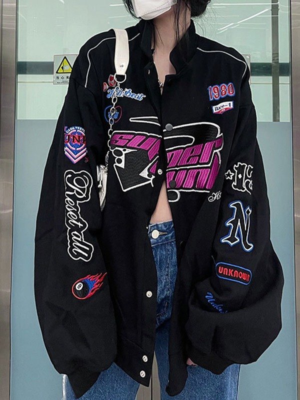 Vintage Embroidered Button Down Motorcycle Varsity Jacket