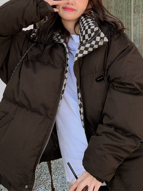 Checkered Collar Zip Up Padded Jacket