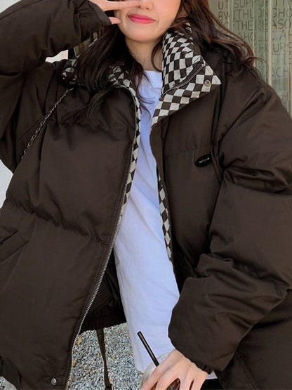 Checkered Collar Zip Up Padded Jacket
