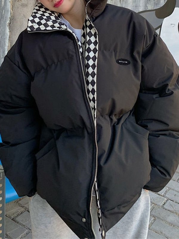 Checkered Collar Zip Up Padded Jacket