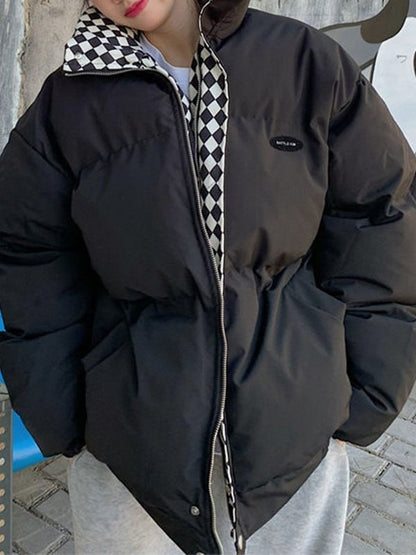 Checkered Collar Zip Up Padded Jacket