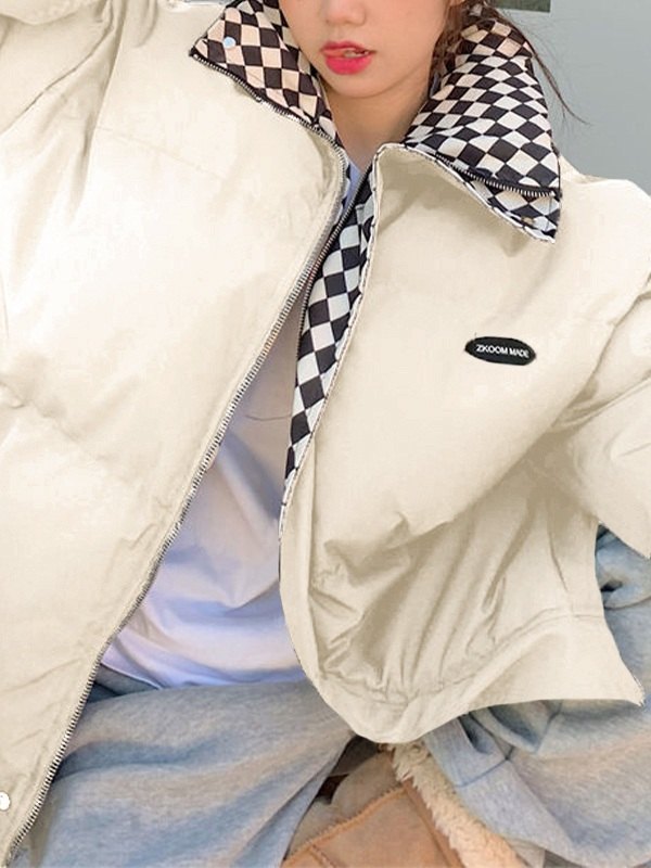 Checkered Collar Zip Up Padded Jacket