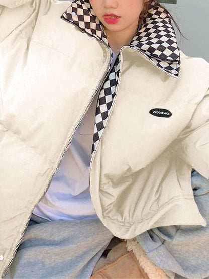 Checkered Collar Zip Up Padded Jacket