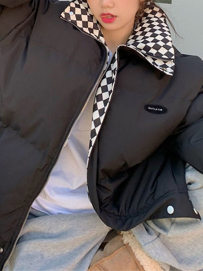 Checkered Collar Zip Up Padded Jacket