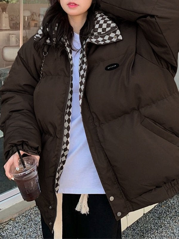 Checkered Collar Zip Up Padded Jacket