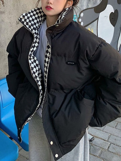 Checkered Collar Zip Up Padded Jacket