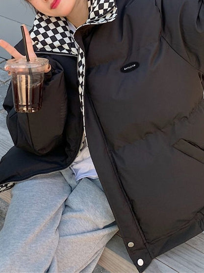 Checkered Collar Zip Up Padded Jacket