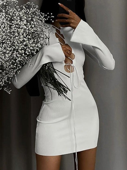 Tie Front Ribbed Long Sleeve Mini Dress