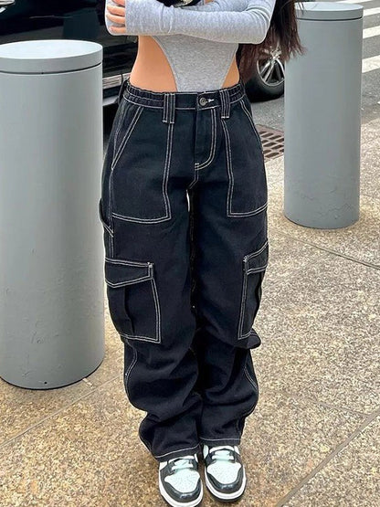 Stitched Detail Straight Leg Cargo Jeans