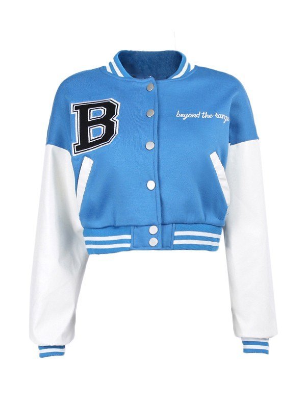 Embroidery Pu Leather Paneled Cropped Varsity Jacket