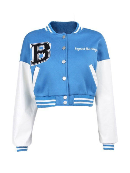 Embroidery Pu Leather Paneled Cropped Varsity Jacket