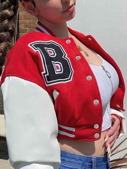 Embroidery Pu Leather Paneled Cropped Varsity Jacket