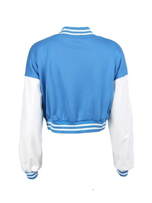 Embroidery Pu Leather Paneled Cropped Varsity Jacket