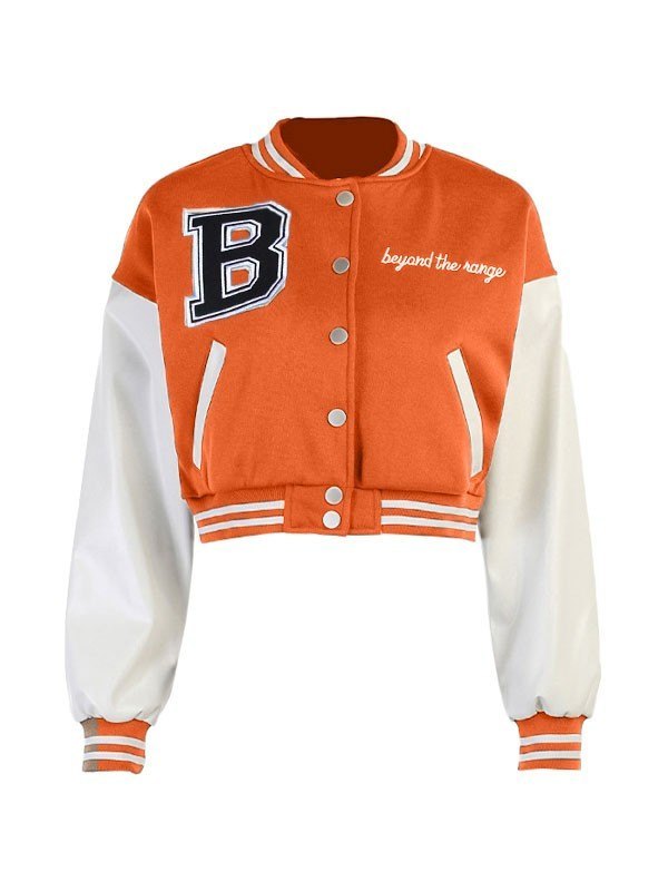 Embroidery Pu Leather Paneled Cropped Varsity Jacket