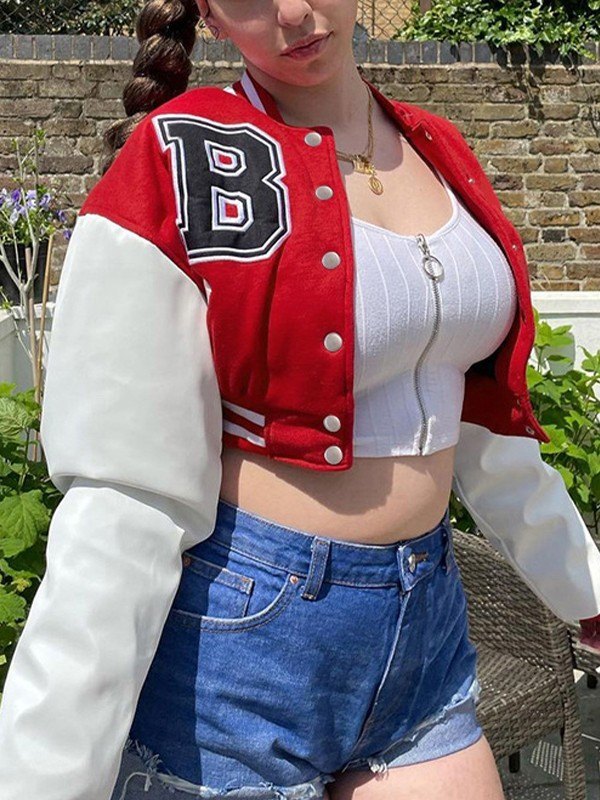 Embroidery Pu Leather Paneled Cropped Varsity Jacket