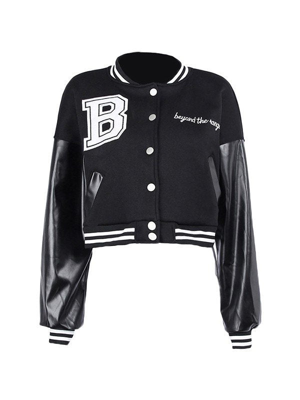 Embroidery Pu Leather Paneled Cropped Varsity Jacket