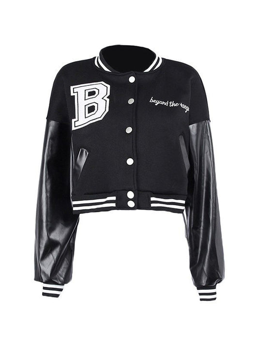 Embroidery Pu Leather Paneled Cropped Varsity Jacket