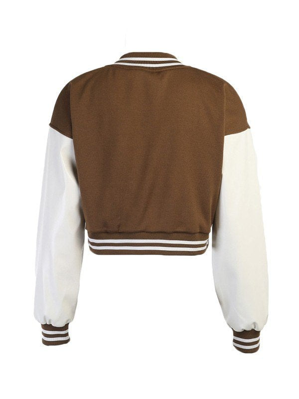 Embroidery Pu Leather Paneled Cropped Varsity Jacket
