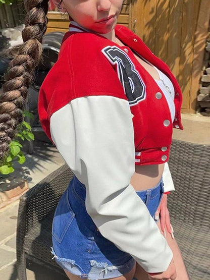 Embroidery Pu Leather Paneled Cropped Varsity Jacket