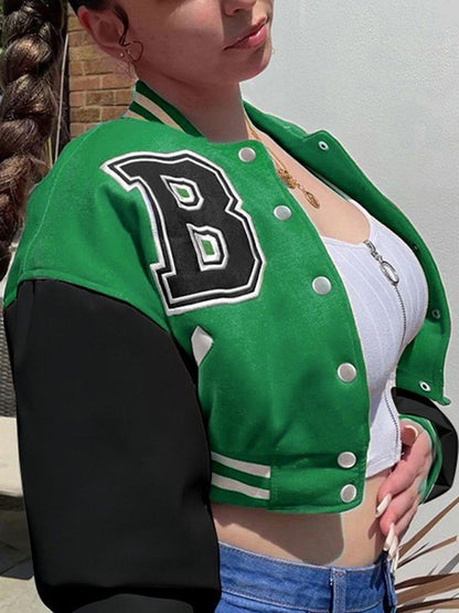 Embroidery Pu Leather Paneled Cropped Varsity Jacket