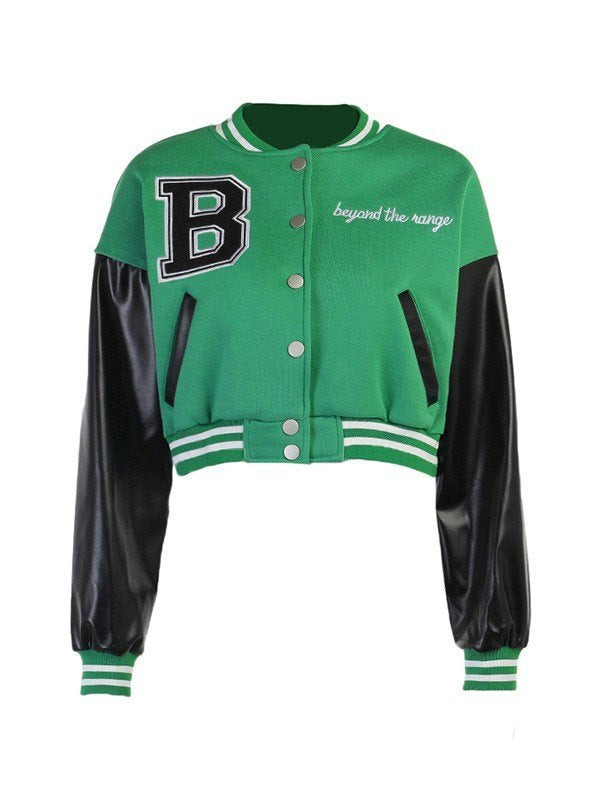 Embroidery Pu Leather Paneled Cropped Varsity Jacket