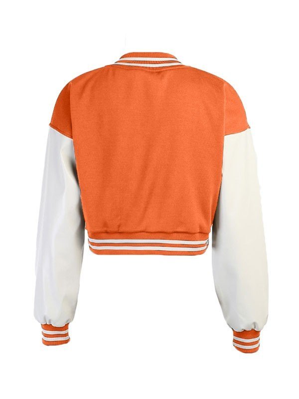 Embroidery Pu Leather Paneled Cropped Varsity Jacket