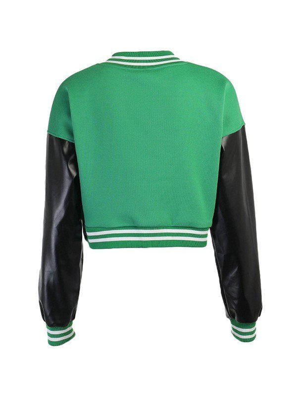 Embroidery Pu Leather Paneled Cropped Varsity Jacket