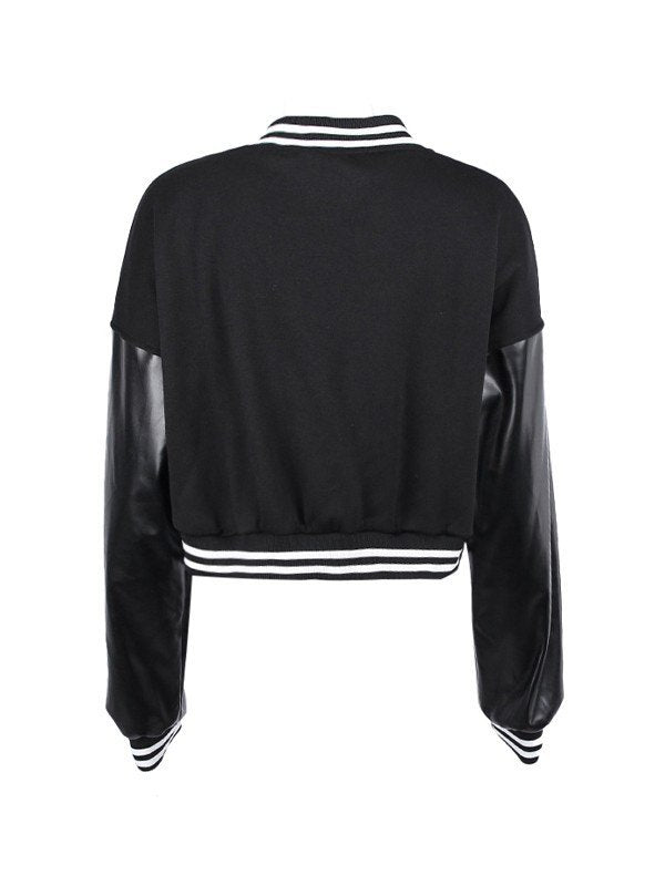 Embroidery Pu Leather Paneled Cropped Varsity Jacket