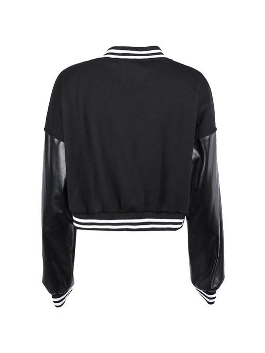 Embroidery Pu Leather Paneled Cropped Varsity Jacket