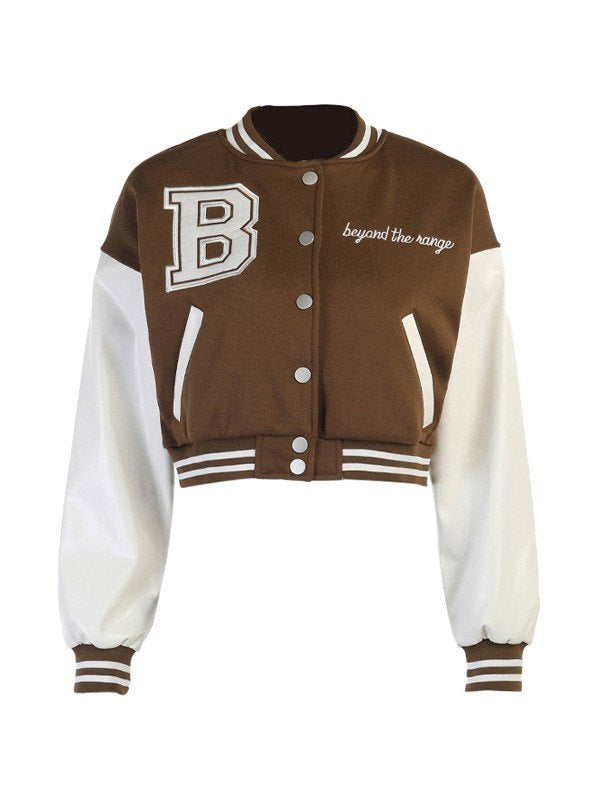 Embroidery Pu Leather Paneled Cropped Varsity Jacket