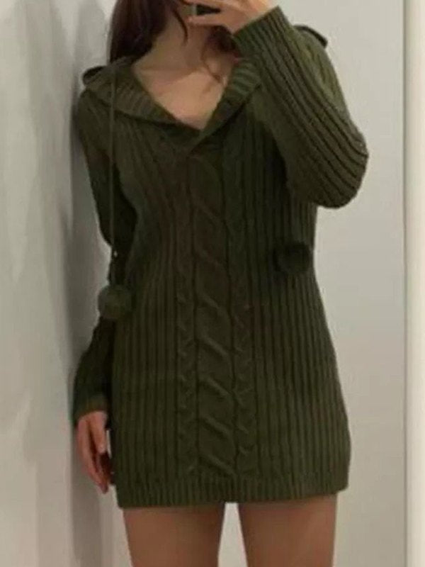 Green Hooded Long Sleeve Knitted Mini Dress
