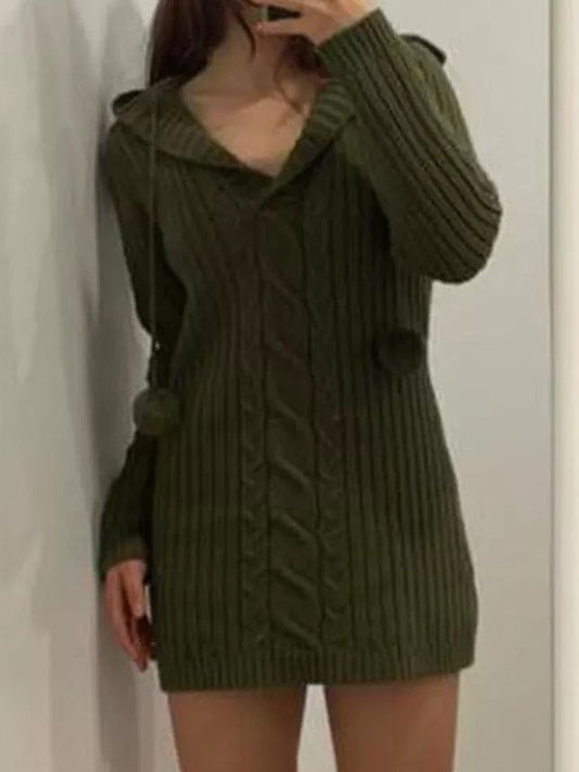 Green Hooded Long Sleeve Knitted Mini Dress