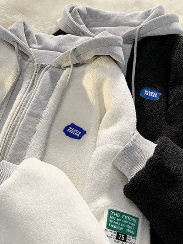 Oversized Patchwork Zip Up Fleece Hooded Jacket