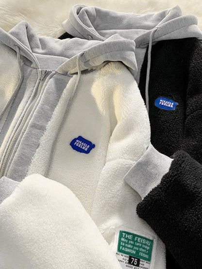 Oversized Patchwork Zip Up Fleece Hooded Jacket