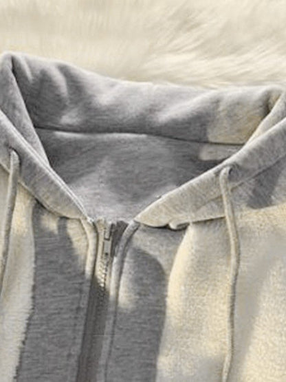 Oversized Patchwork Zip Up Fleece Hooded Jacket