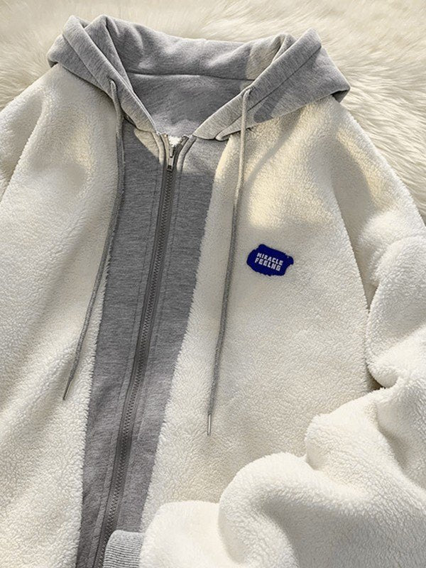Oversized Patchwork Zip Up Fleece Hooded Jacket