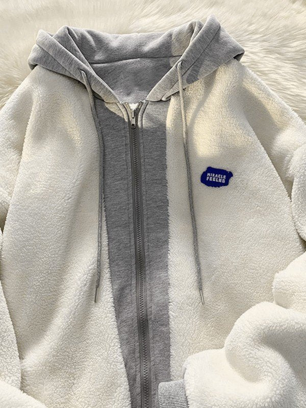 Oversized Patchwork Zip Up Fleece Hooded Jacket