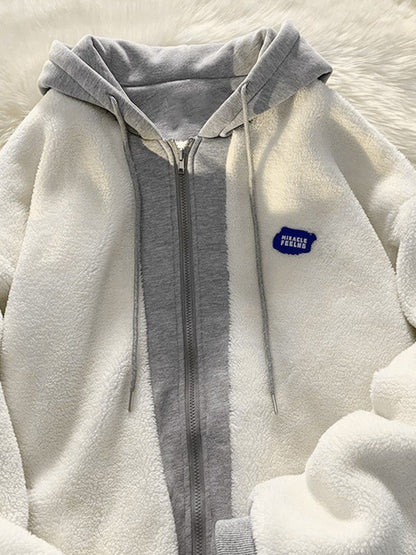 Oversized Patchwork Zip Up Fleece Hooded Jacket