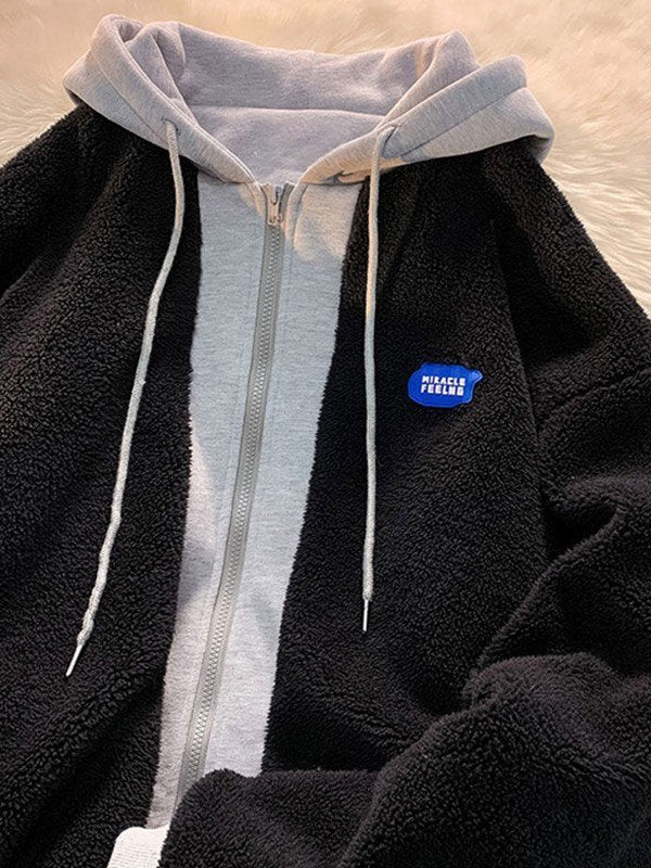 Oversized Patchwork Zip Up Fleece Hooded Jacket