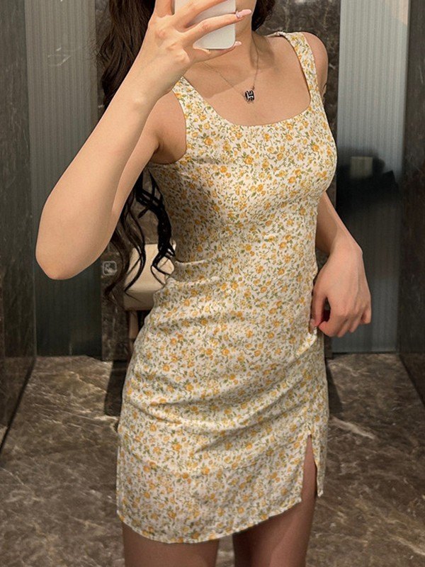Slit Ditsy Floral Mini Dress
