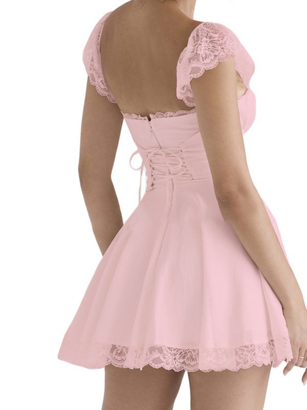 Tie Back Lace Trim White Mini Dress