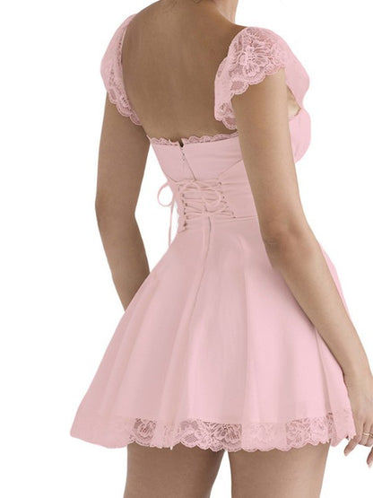 Tie Back Lace Trim White Mini Dress