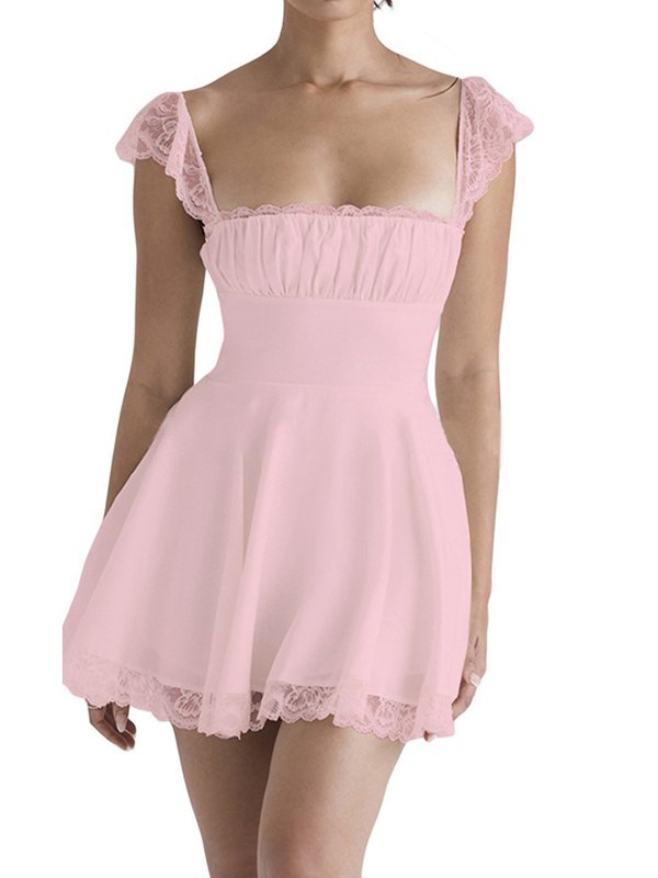 Tie Back Lace Trim White Mini Dress