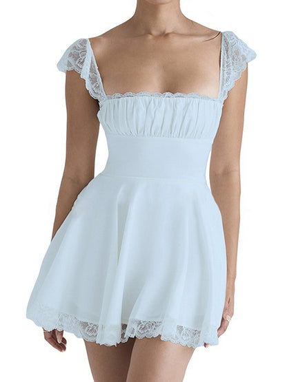 Tie Back Lace Trim White Mini Dress