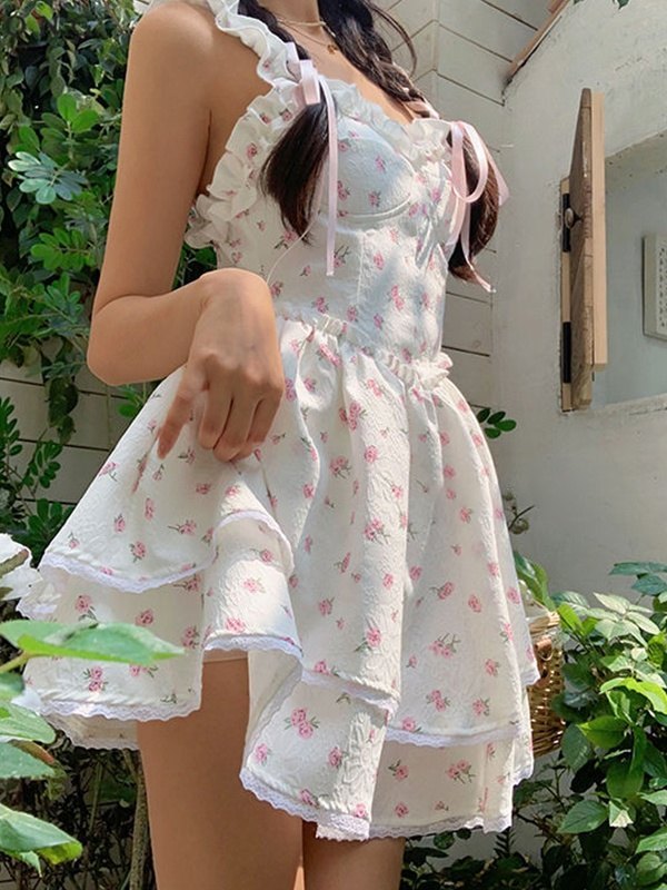Wood Ear Floral Sling Mini Dresses