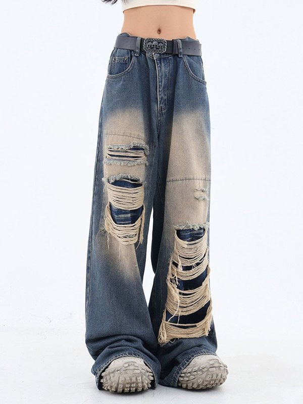 Retro Distressed Patch Ripped Design Niche Ripped Jeans