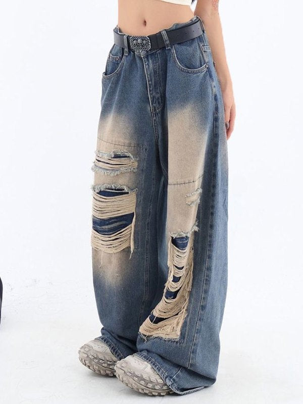 Retro Distressed Patch Ripped Design Niche Ripped Jeans